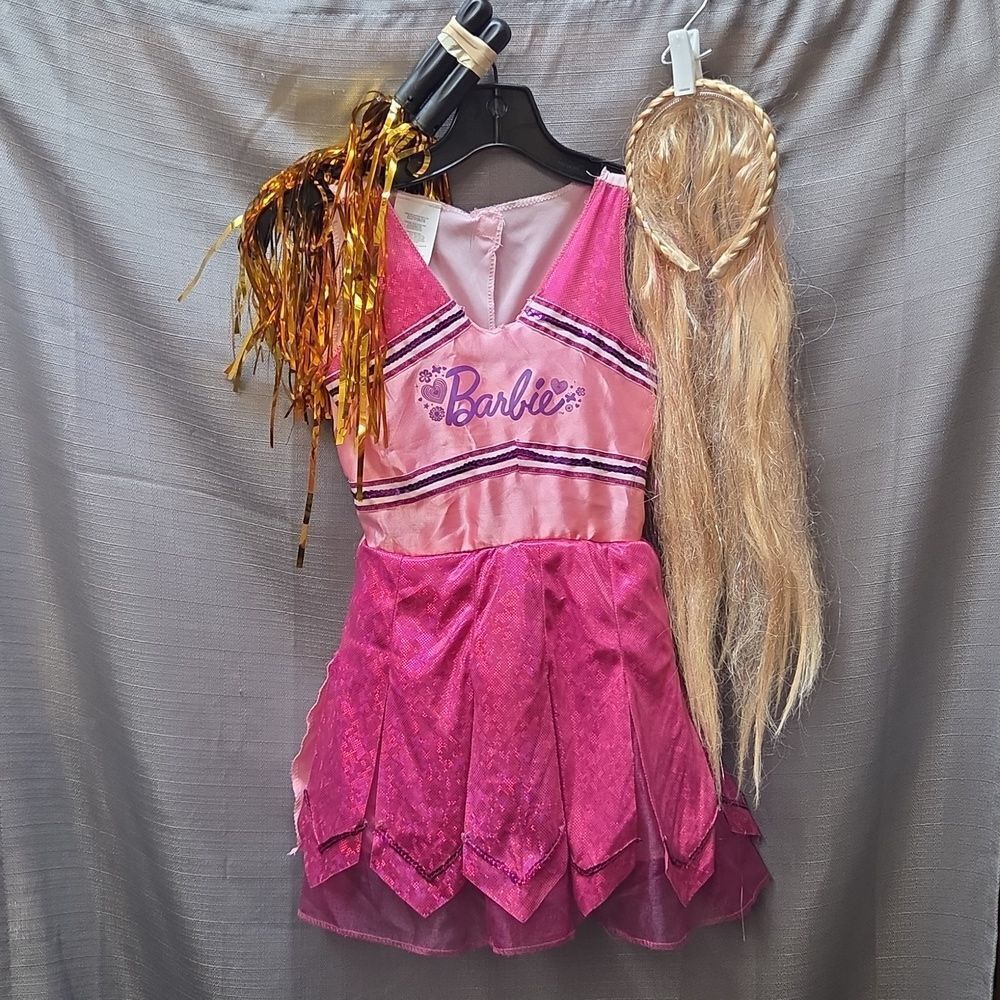 Fantasy Play Barbie Pink Cheerleader Childs‎  Dress Sz 4-6,  Pom Poms , Headband